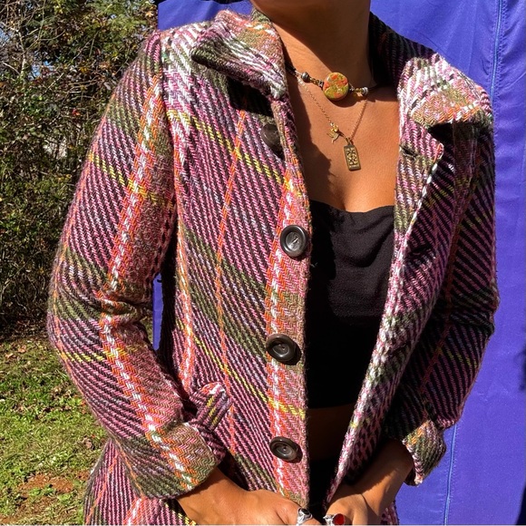 {Cherokee} Vintage Pink & Plaid Striped Mid-Length Wool Coat, Authentic Original - Picture 14 of 15